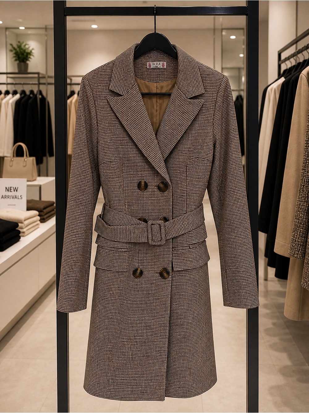 Houndstooth Belted Double-Breasted Coat Blazer